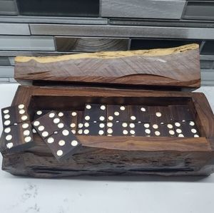 Vintage Handcrafted Dominoes Set in Walnut Log Box